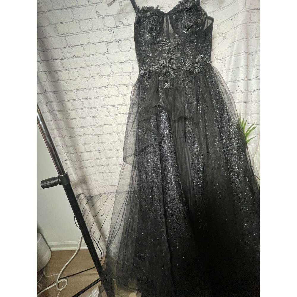 Black Glitter Tulle Gown 3D Floral Corset High Low Prom Formal Dress - Picture 4 of 6